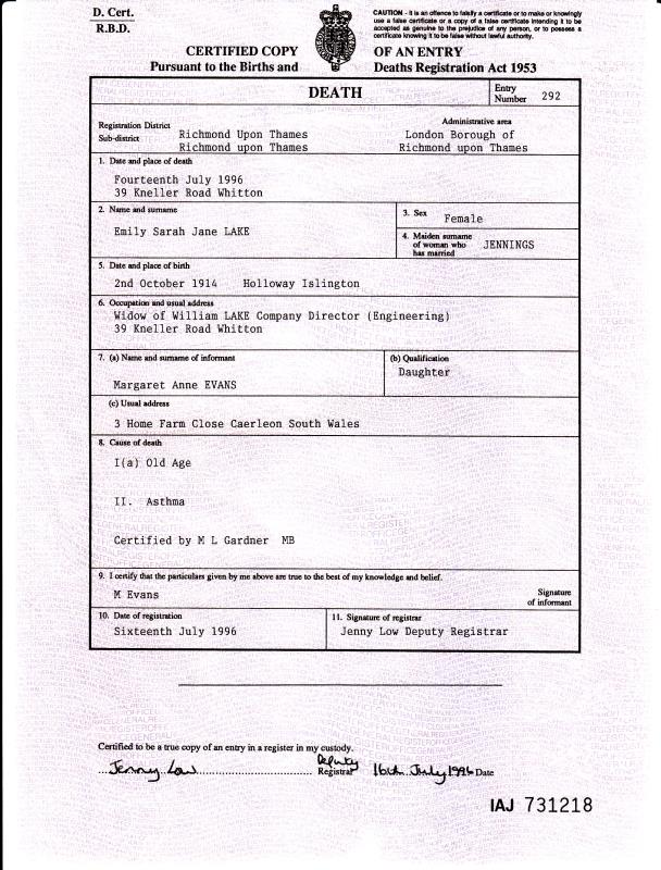 Emily Lake (nee Paxton) Death